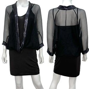 Analili Blouson Silk Overlay Top Sequin Fitted Slip Mini Dress in Black Size S